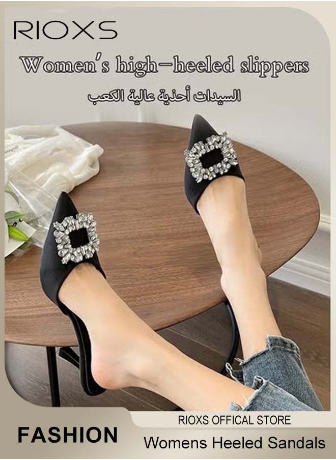 Women's Closed Pointed Toe Slip-On Backless Rhinestones Sandals Stiletto Slides Shoes For Work and Party Black Elegance