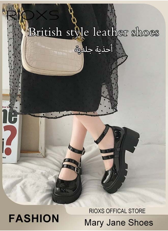 Women's Vintage Lolita Platform Wedge Patent Leather Shoes Platform Mary Jane Shoes Casual Round Toe Shoes