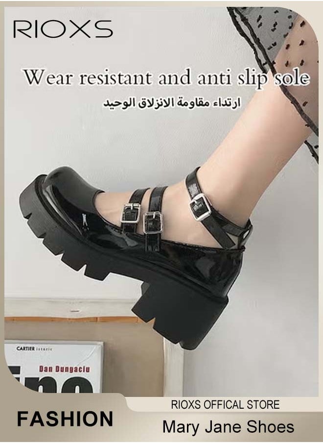 Women's Vintage Lolita Platform Wedge Patent Leather Shoes Platform Mary Jane Shoes Casual Round Toe Shoes