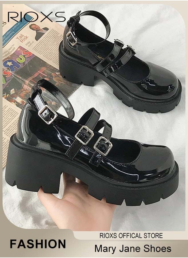 Women's Vintage Lolita Platform Wedge Patent Leather Shoes Platform Mary Jane Shoes Casual Round Toe Shoes