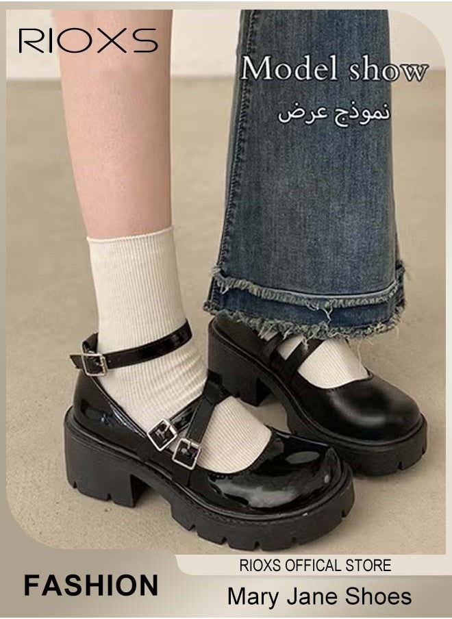 Women's Vintage Lolita Platform Wedge Patent Leather Shoes Platform Mary Jane Shoes Casual Round Toe Shoes