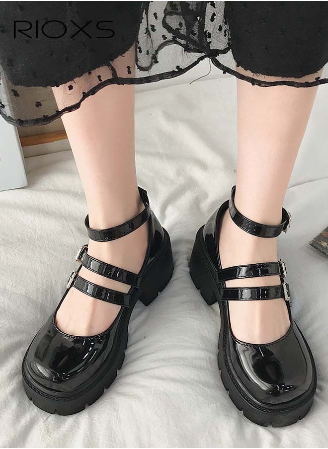 Women's Vintage Lolita Platform Wedge Patent Leather Shoes Platform Mary Jane Shoes Casual Round Toe Shoes