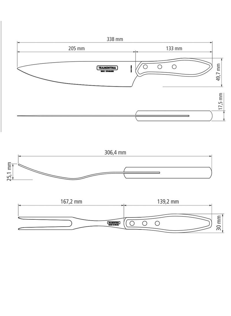 Since 1911,Made in Brazil-  2 Piece Barbecue Churrasco Set - Stainless Steel Professional Sharp Chef Carving Knives And Forks Set With Plywood Handles.
