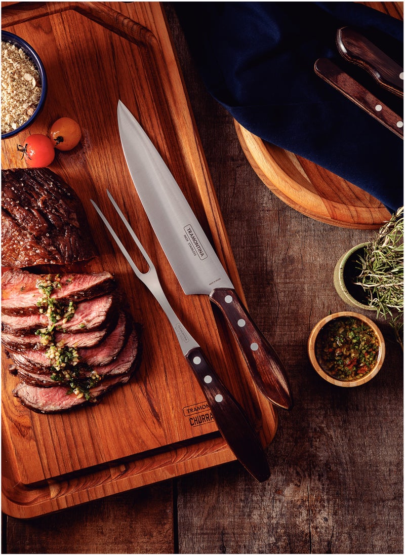 Since 1911,Made in Brazil-  2 Piece Barbecue Churrasco Set - Stainless Steel Professional Sharp Chef Carving Knives And Forks Set With Plywood Handles.