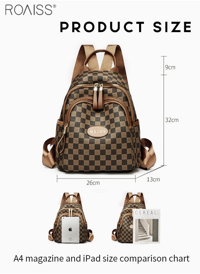 Women's Plaid Pu Leather Backpack Casual And Fashionable Adjustable Shoulder Strap With Multiple Pockets  Large Capacity Waterproof Backpack
