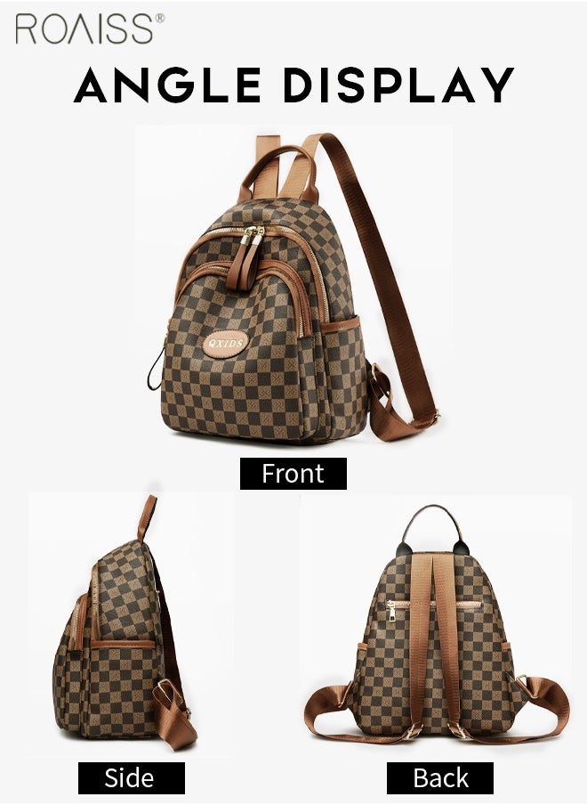 Women's Plaid Pu Leather Backpack Casual And Fashionable Adjustable Shoulder Strap With Multiple Pockets  Large Capacity Waterproof Backpack
