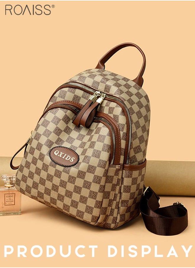 Women's Plaid Pu Leather Backpack Casual And Fashionable Adjustable Shoulder Strap With Multiple Pockets  Large Capacity Waterproof Backpack