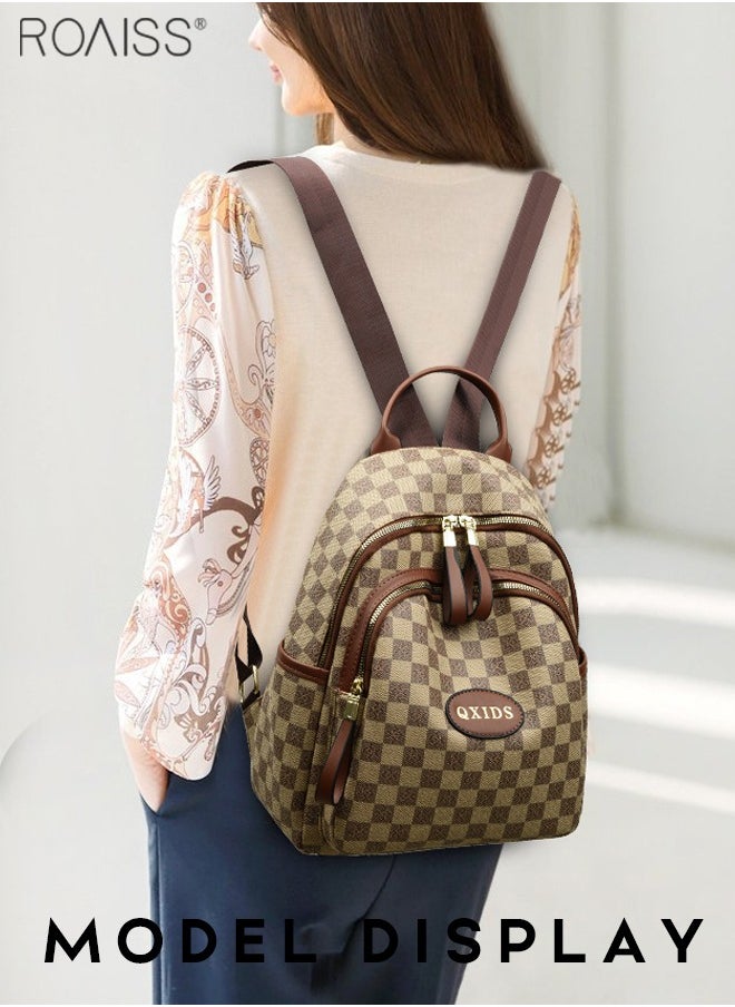 Women's Plaid Pu Leather Backpack Casual And Fashionable Adjustable Shoulder Strap With Multiple Pockets  Large Capacity Waterproof Backpack
