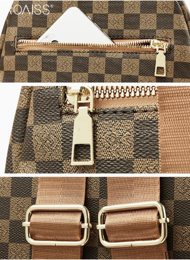 Women's Plaid Pu Leather Backpack Casual And Fashionable Adjustable Shoulder Strap With Multiple Pockets  Large Capacity Waterproof Backpack