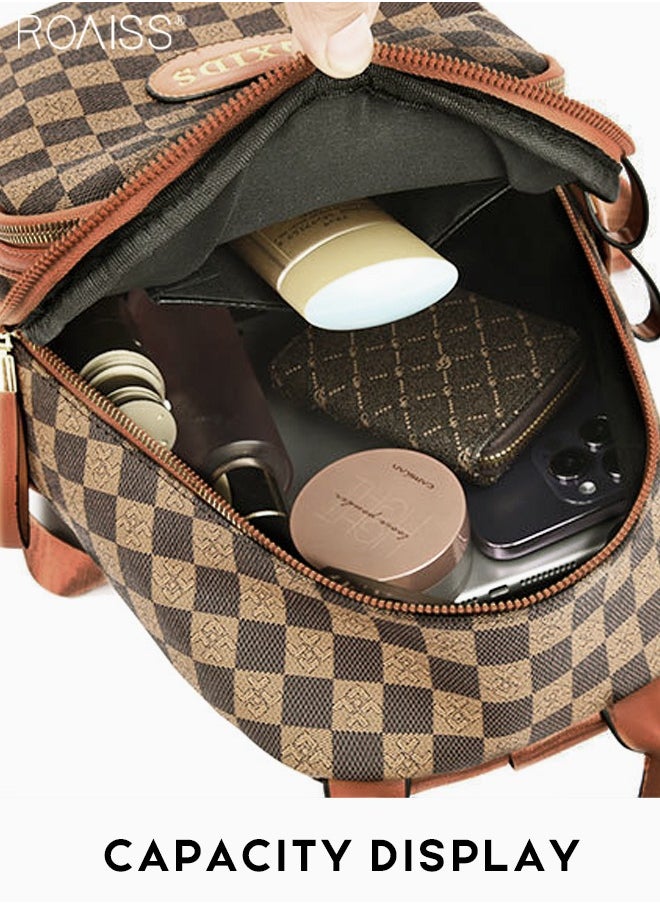 Women's Plaid Pu Leather Backpack Casual And Fashionable Adjustable Shoulder Strap With Multiple Pockets  Large Capacity Waterproof Backpack