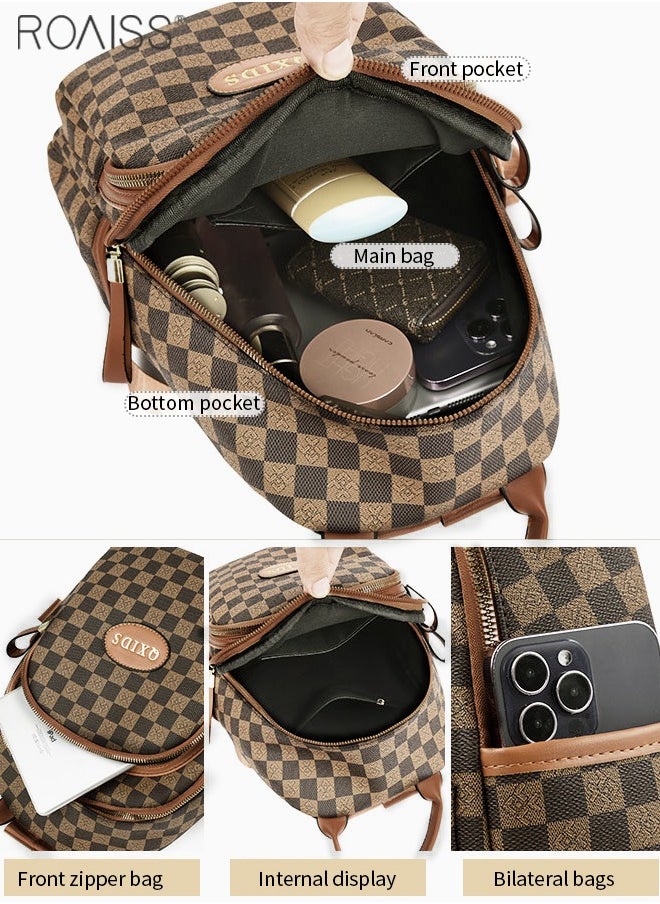 Women's Plaid Pu Leather Backpack Casual And Fashionable Adjustable Shoulder Strap With Multiple Pockets  Large Capacity Waterproof Backpack