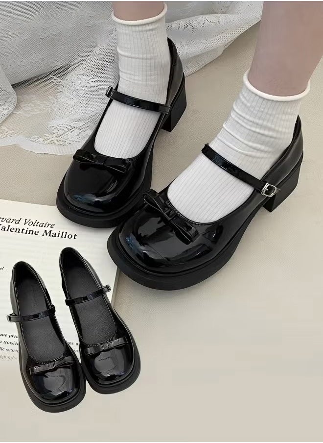 Women's Retro Patent Leather Round Toe Mary Jane Thick Heels British Style One Line Buckle Bow Decorative Leather Shoes Non Slip Closed Toe Single Shoes