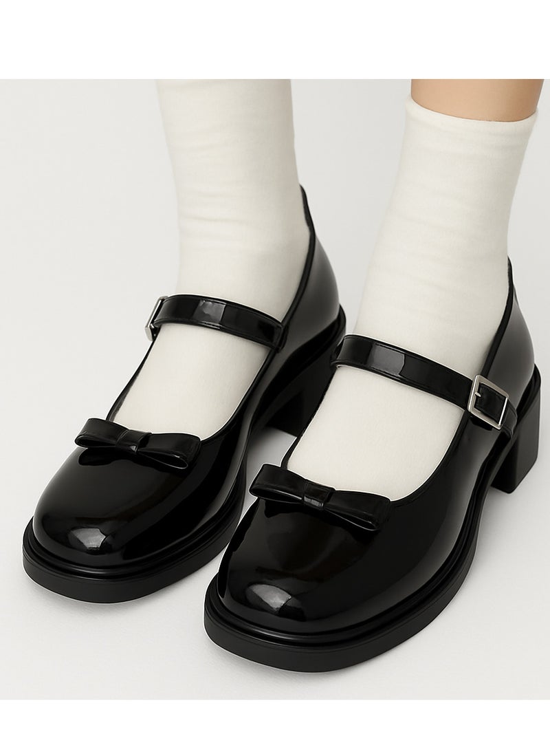 Women's Retro Patent Leather Round Toe Mary Jane Thick Heels British Style One Line Buckle Bow Decorative Leather Shoes Non Slip Closed Toe Single Shoes