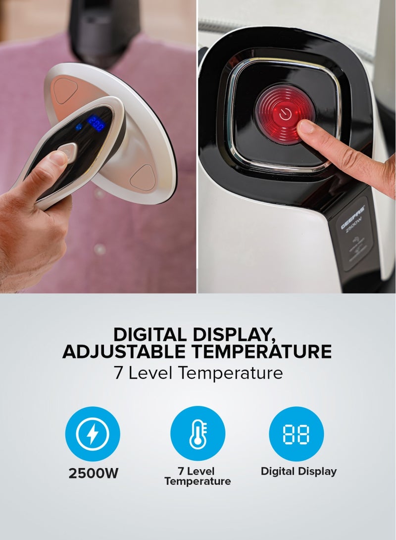 Digital Multifunction Garment Steamer With 1200 ML Water Tank, 3 Stage Height Adjustment, Continuous Steam, Rotatable 90 Degree Flat & Vertical, Ceramic Sole Plate 1200 ml 2500 W GGS25038 Black & white