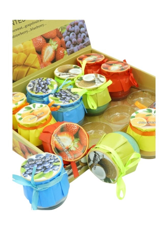 12-Pcs of Multifruit Scented Jar Candle with Pleasant Oder BlueBerry StrawBerry Lime & Coconut Grapefruit & Mango for Gift Birthday Decoration Multicolor 27x6x20cm