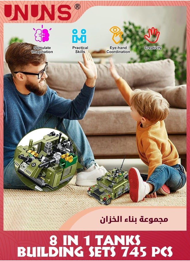 745Pcs Tanks Building Toy,8-in-1 Tank Building Blocks Toys,STEM Building Set For Kids 6-12 Years Old,Army Helicopter Toys Gift For Boys Girls 6 7 8 9 10 11 12 Years Old