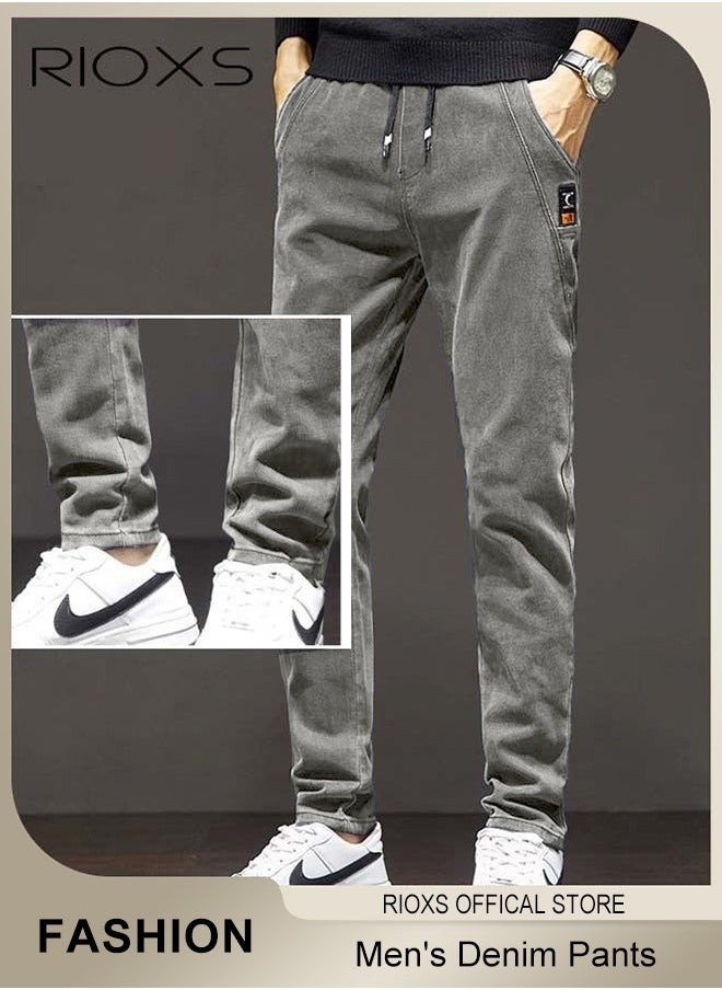 Men's Denim Pants, Slim Fit Jeans With Tight Legs For Men, Casual Long Pants, Elastic Waist Jeans, Drawstring Denim Pants With 4 Pockets, Comfy Mid-Rise Trousers For Daily Wear Or Outdoor Activities, Stylish Jeans For Daddy Family Friends