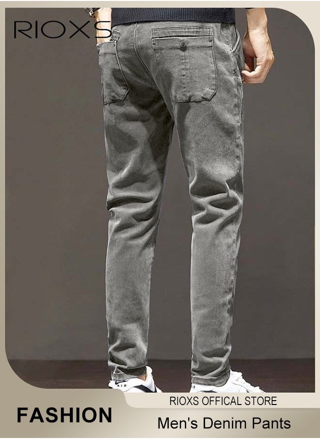 Men's Denim Pants, Slim Fit Jeans With Tight Legs For Men, Casual Long Pants, Elastic Waist Jeans, Drawstring Denim Pants With 4 Pockets, Comfy Mid-Rise Trousers For Daily Wear Or Outdoor Activities, Stylish Jeans For Daddy Family Friends
