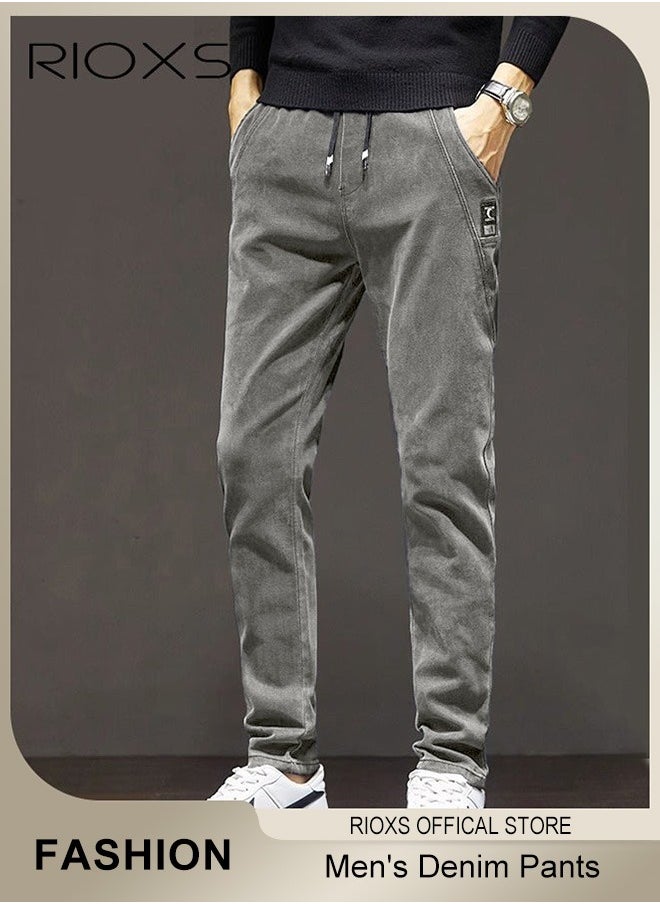 Men's Denim Pants, Slim Fit Jeans With Tight Legs For Men, Casual Long Pants, Elastic Waist Jeans, Drawstring Denim Pants With 4 Pockets, Comfy Mid-Rise Trousers For Daily Wear Or Outdoor Activities, Stylish Jeans For Daddy Family Friends