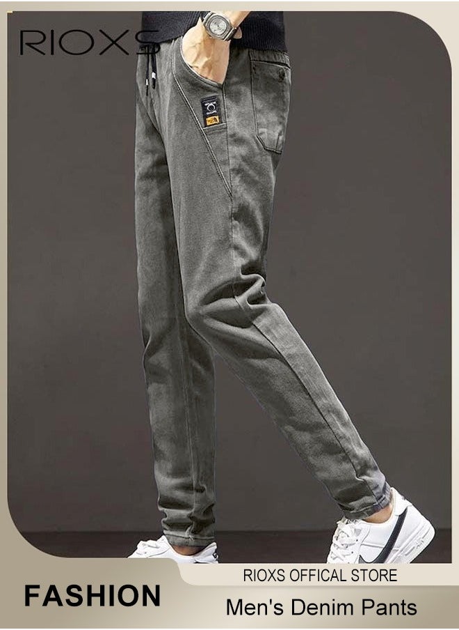 Men's Denim Pants, Slim Fit Jeans With Tight Legs For Men, Casual Long Pants, Elastic Waist Jeans, Drawstring Denim Pants With 4 Pockets, Comfy Mid-Rise Trousers For Daily Wear Or Outdoor Activities, Stylish Jeans For Daddy Family Friends