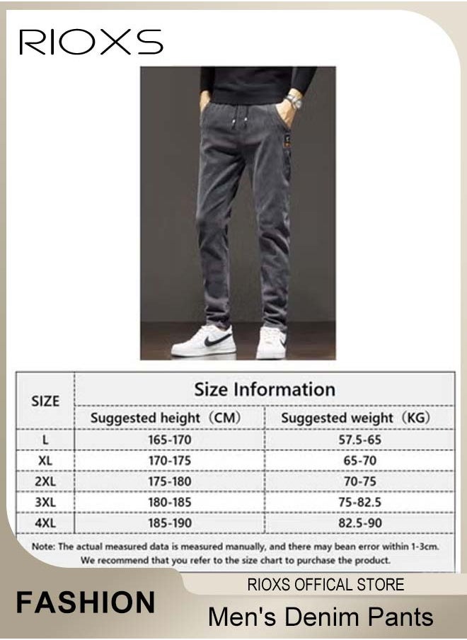 Men's Denim Pants, Slim Fit Jeans With Tight Legs For Men, Casual Long Pants, Elastic Waist Jeans, Drawstring Denim Pants With 4 Pockets, Comfy Mid-Rise Trousers For Daily Wear Or Outdoor Activities, Stylish Jeans For Daddy Family Friends