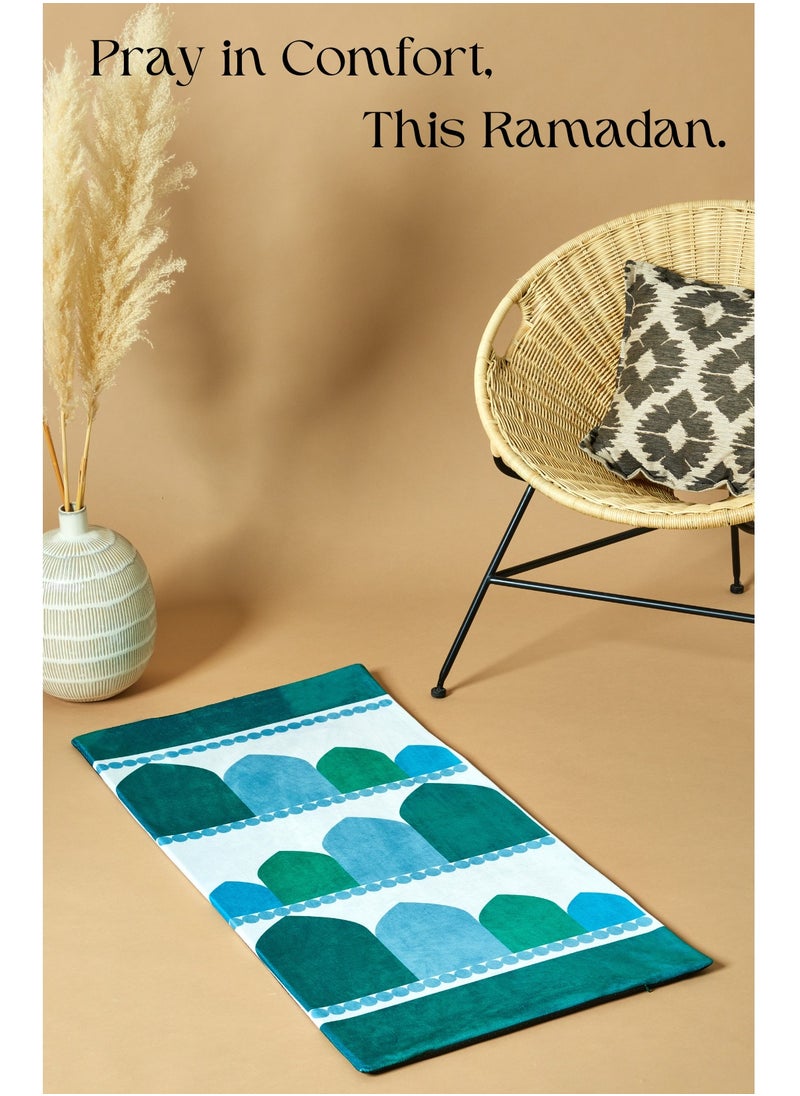 Luxury Padded Prayer Mat with Memory Foam - Marrakesh -Inspired Design, Suede-Like Finish, Comfortable Blue and Pink Salah Mat (120x60 cm)