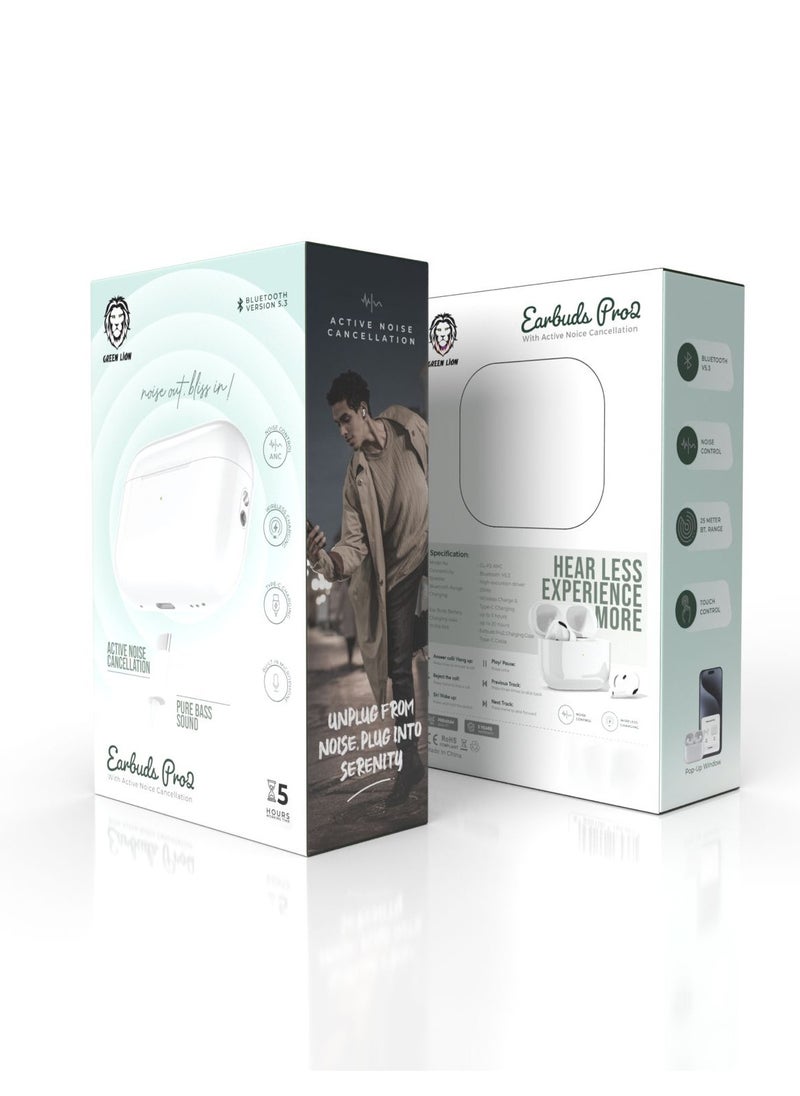 Earbuds Pro2 with Active Noise Cancellation / Wireless Charging / Built in Microphone / Noise Control / Touch Control / High Bluetooth Range / 5Hr Playing Time - White