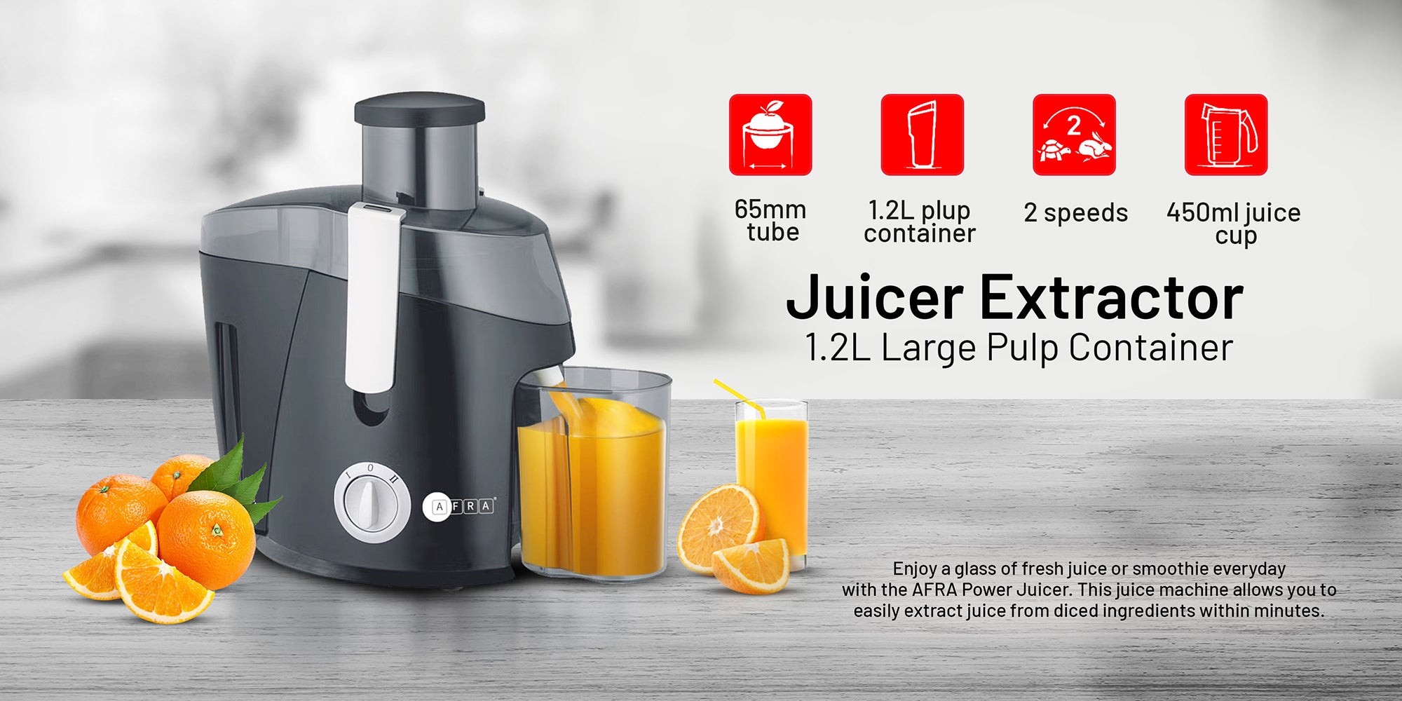 Juice Extractor with 2 Speeds -65mm Wide Feed Tube, Stainless Steel Filter | 1.2L Large Pulp Container with 450ml juice cup & Transparent Lid & Mesh Strainer | 2-Year Warranty 1.5 L 400 W AF-400JCBK Black