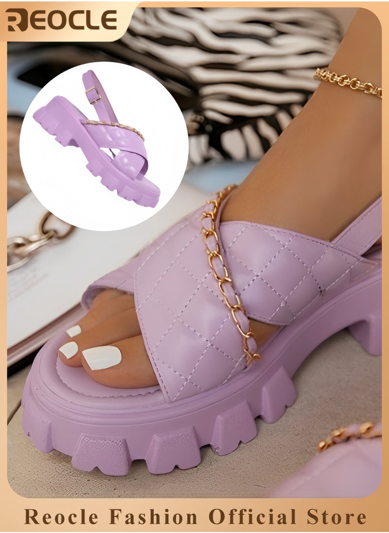 Women's Open Toe Sandals Platform Wedge Sandals with Chain Decoration Adjustable Ankle Strap Cross Strap Ankle Buckle Summer Shoes