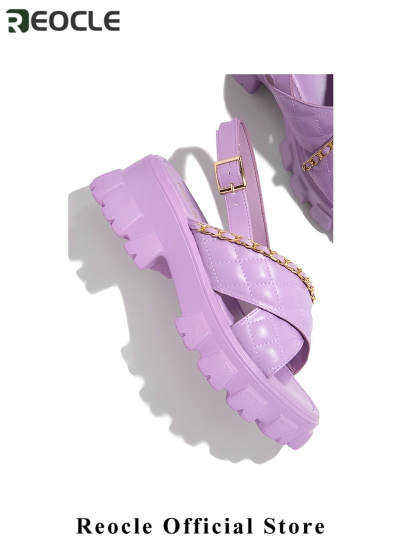 Women's Open Toe Sandals Platform Wedge Sandals with Chain Decoration Adjustable Ankle Strap Cross Strap Ankle Buckle Summer Shoes