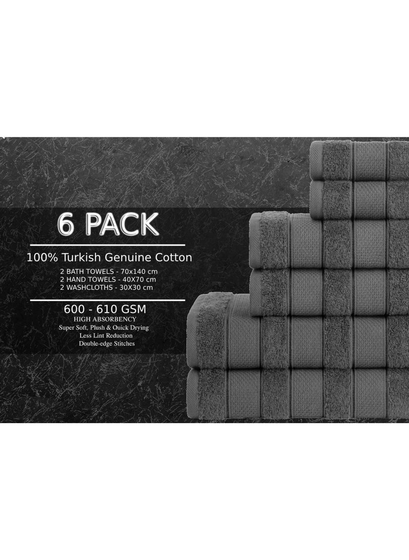 6-Piece Towel Set 100% Turkish Genuine Cotton Super Soft & Absorbent Luxury Hotel Quality 600 GSM Cotton Bathroom Towels, 2 Bath Towels, 2 Hand Towels, 2 Washcloths, Grey