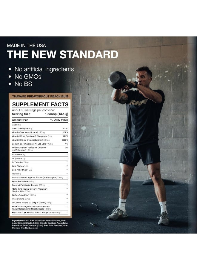 RAW Pre Workout Powder, Thavage - Chris Bumstead Sports Nutrition Supplement for Men & Women - Cbum Preworkout for Working Out, Hydration, Mental Focus & Energy - 40 Servings (Peach Bum)