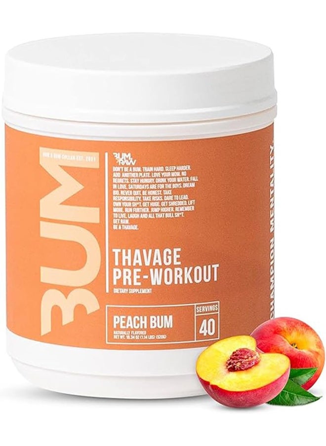 RAW Pre Workout Powder, Thavage - Chris Bumstead Sports Nutrition Supplement for Men & Women - Cbum Preworkout for Working Out, Hydration, Mental Focus & Energy - 40 Servings (Peach Bum)