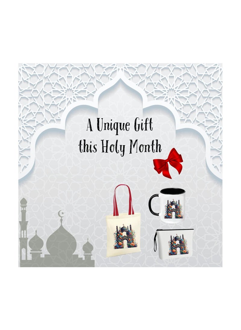 Pack of 3 Initial Monogram Gift Set - Black Coffee Mug, Cosmetic Bag and Cotton Tote bag Set - Gift Set for Her - Perfect for Ramadan, School, Travel and Birthday Gift