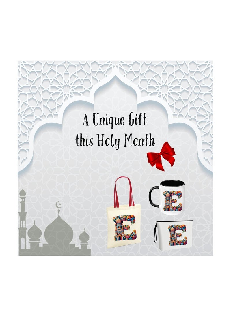 Pack of 3 Initial Monogram Gift Set - Black Coffee Mug, Cosmetic Bag and Cotton Tote bag Set - Gift Set for Her - Perfect for Ramadan, School, Travel and Birthday Gift