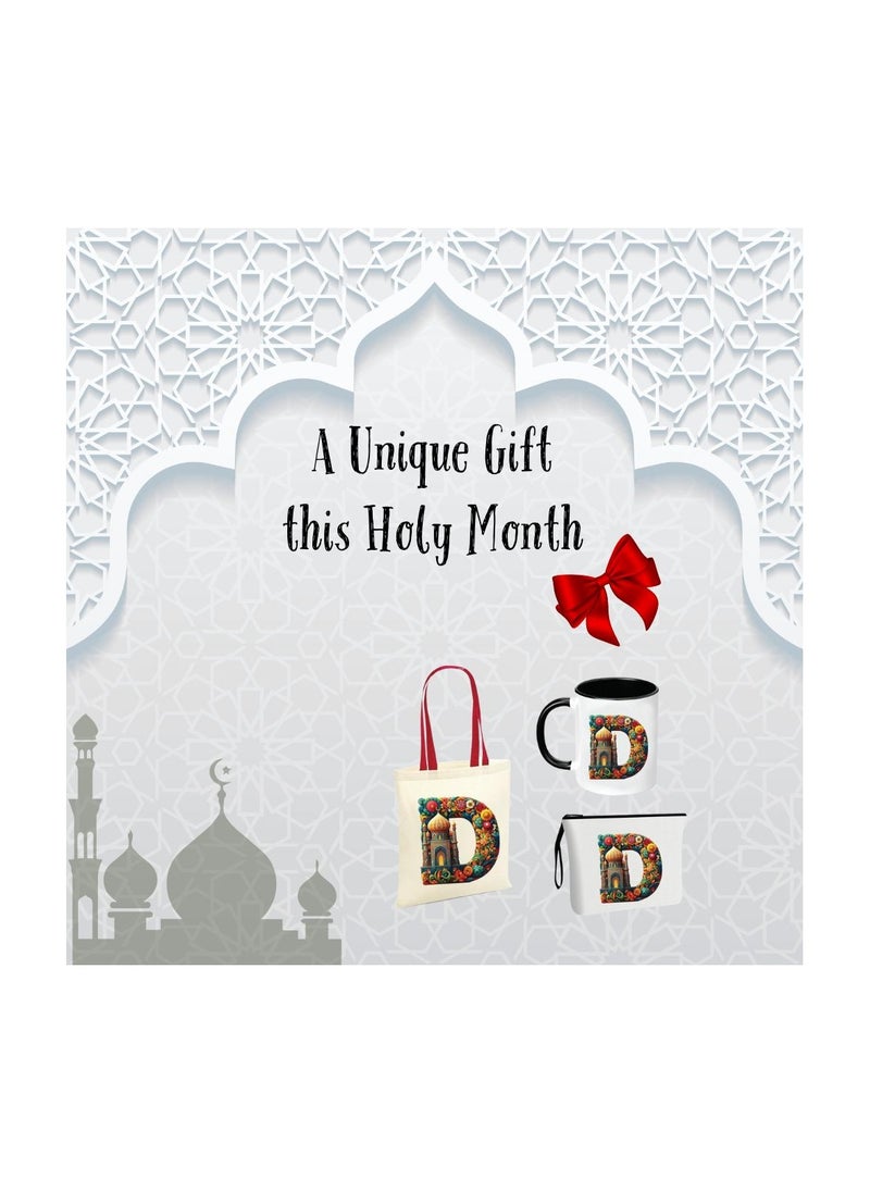 Pack of 3 Initial Monogram Gift Set - Black Coffee Mug, Cosmetic Bag and Cotton Tote bag Set - Gift Set for Her - Perfect for Ramadan, School, Travel and Birthday Gift