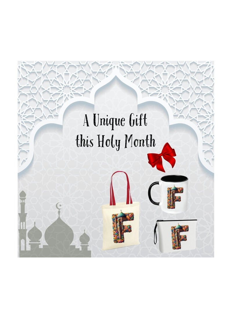 Pack of 3 Initial Monogram Gift Set - Black Coffee Mug, Cosmetic Bag and Cotton Tote bag Set - Gift Set for Her - Perfect for Ramadan, School, Travel and Birthday Gift