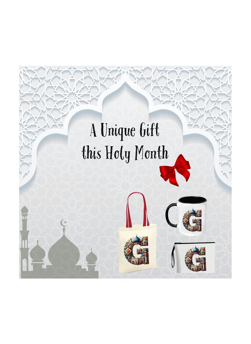 Pack of 3 Initial Monogram Gift Set - Black Coffee Mug, Cosmetic Bag and Cotton Tote bag Set - Gift Set for Her - Perfect for Ramadan, School, Travel and Birthday Gift
