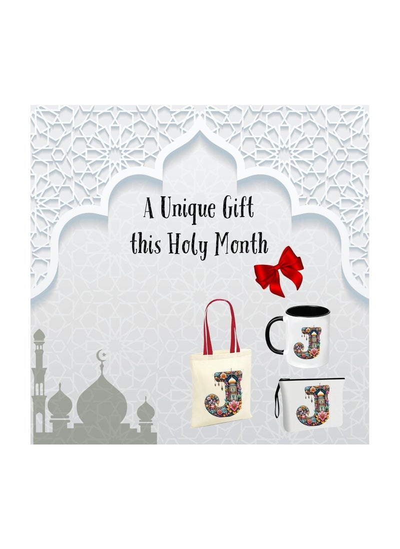 Pack of 3 Initial Monogram Gift Set - Black Coffee Mug, Cosmetic Bag and Cotton Tote bag Set - Gift Set for Her - Perfect for Ramadan, School, Travel and Birthday Gift
