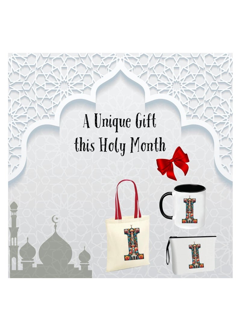 Pack of 3 Initial Monogram Gift Set - Black Coffee Mug, Cosmetic Bag and Cotton Tote bag Set - Gift Set for Her - Perfect for Ramadan, School, Travel and Birthday Gift