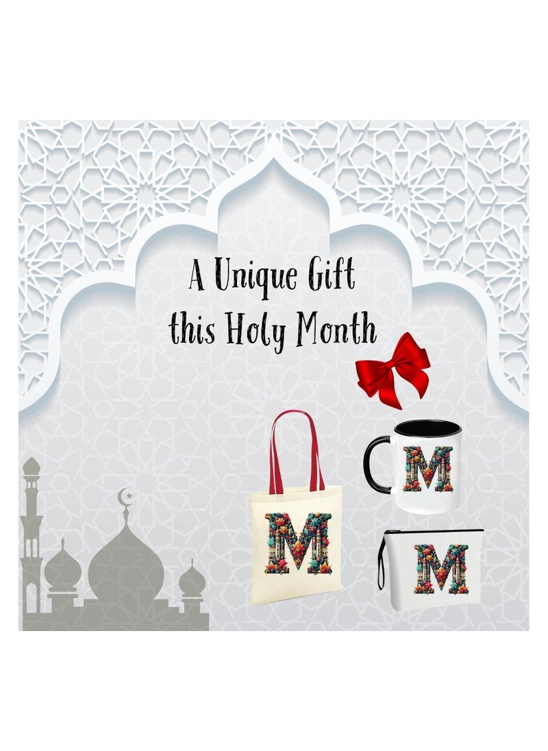 Pack of 3 Initial Monogram Gift Set - Black Coffee Mug, Cosmetic Bag and Cotton Tote bag Set - Gift Set for Her - Perfect for Ramadan, School, Travel and Birthday Gift