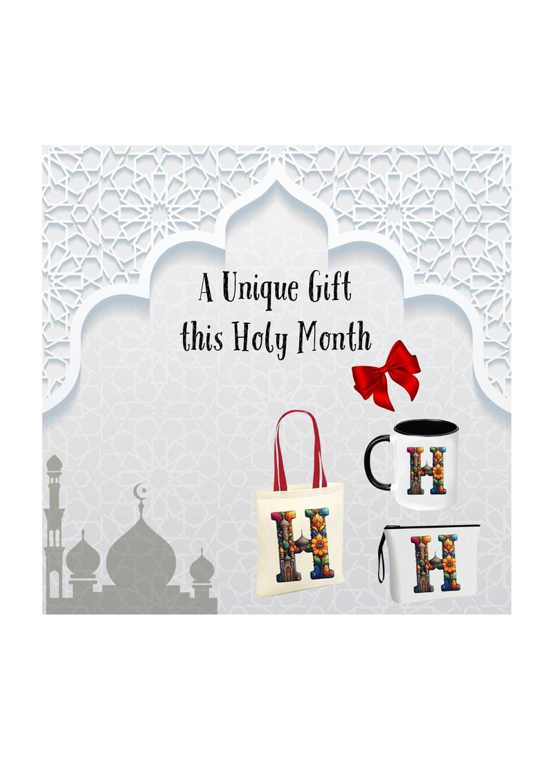 Pack of 3 Initial Monogram Gift Set - Black Coffee Mug, Cosmetic Bag and Cotton Tote bag Set - Gift Set for Her - Perfect for Ramadan, School, Travel and Birthday Gift