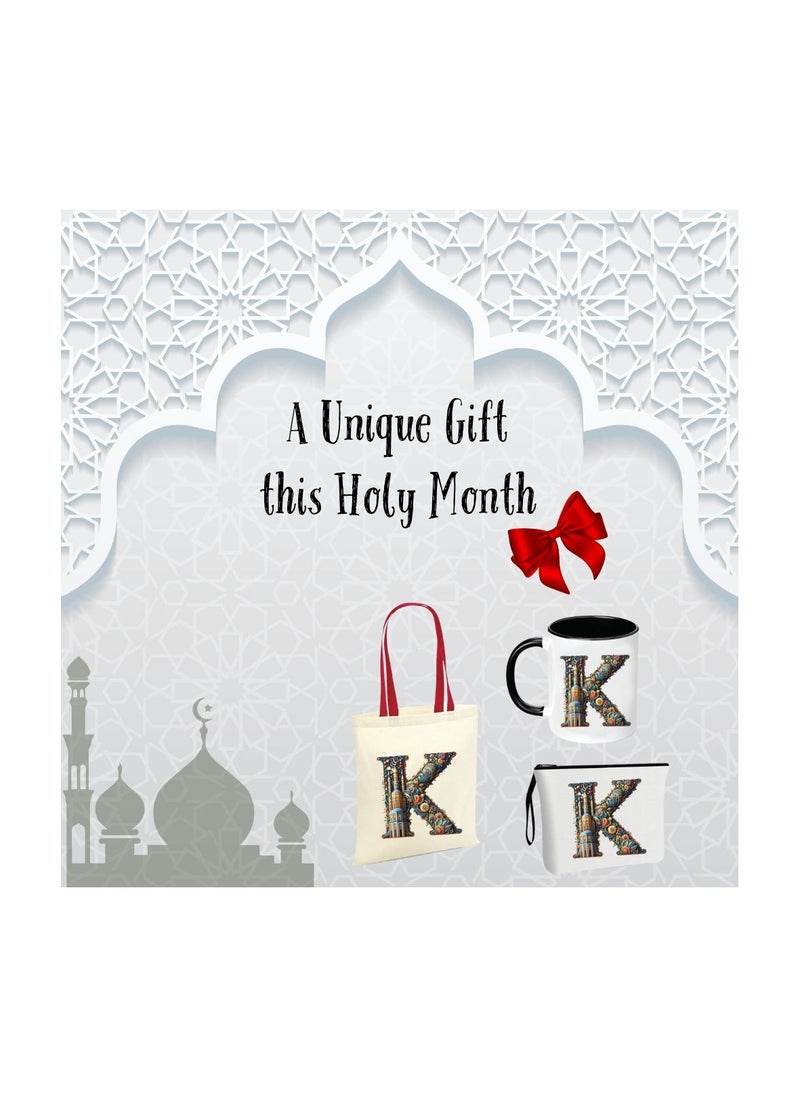 Pack of 3 Initial Monogram Gift Set - Black Coffee Mug, Cosmetic Bag and Cotton Tote bag Set - Gift Set for Her - Perfect for Ramadan, School, Travel and Birthday Gift