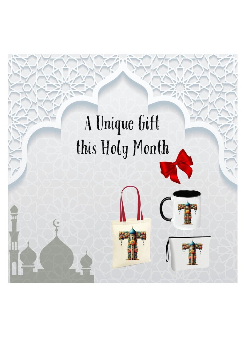 Pack of 3 Initial Monogram Gift Set - Black Coffee Mug, Cosmetic Bag and Cotton Tote bag Set - Gift Set for Her - Perfect for Ramadan, School, Travel and Birthday Gift