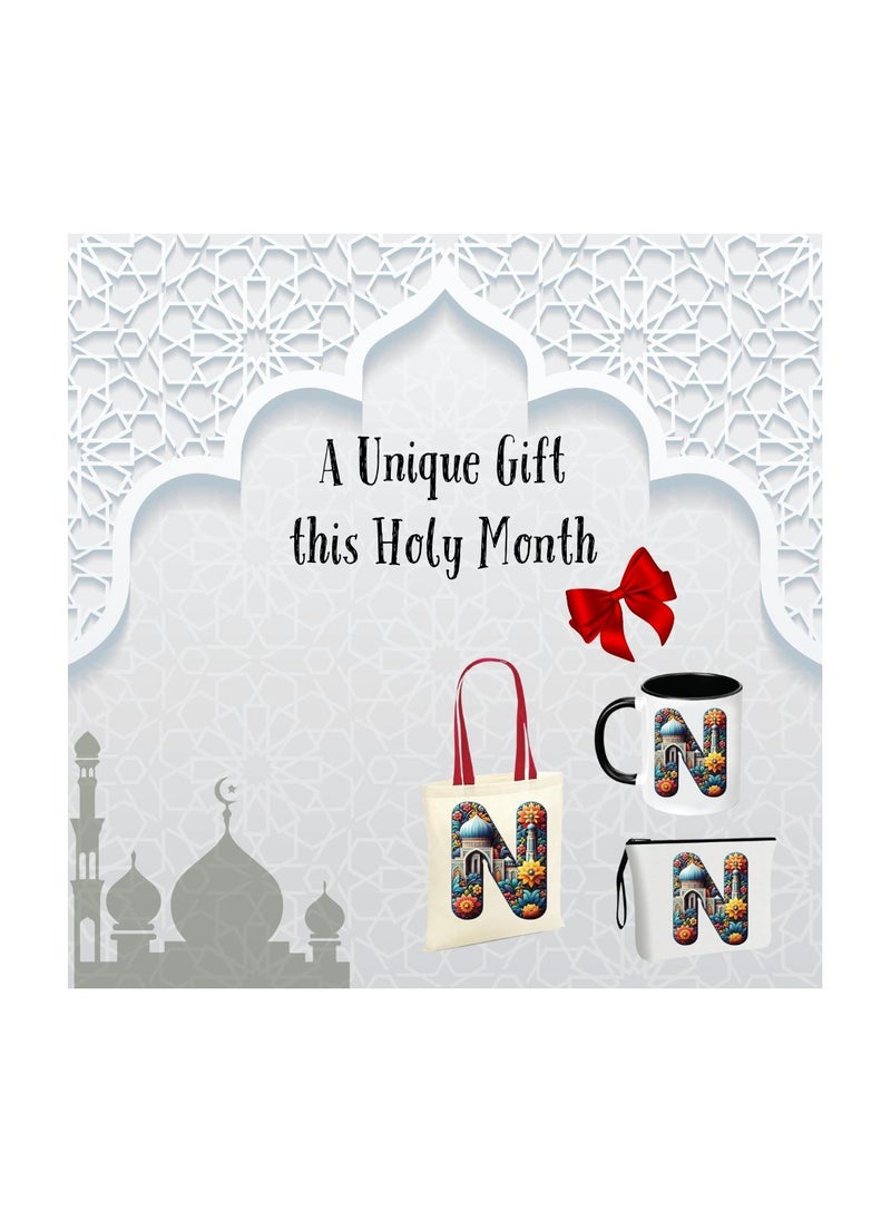 Pack of 3 Initial Monogram Gift Set - Black Coffee Mug, Cosmetic Bag and Cotton Tote bag Set - Gift Set for Her - Perfect for Ramadan, School, Travel and Birthday Gift
