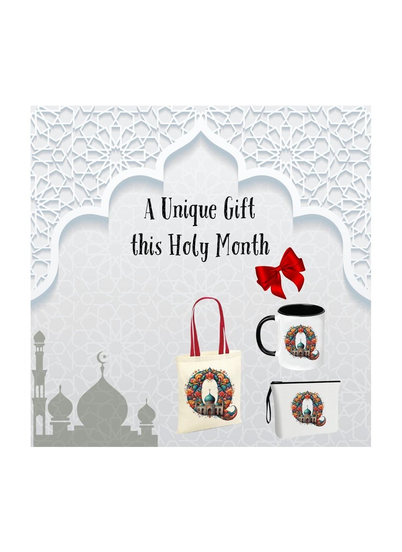 Pack of 3 Initial Monogram Gift Set - Black Coffee Mug, Cosmetic Bag and Cotton Tote bag Set - Gift Set for Her - Perfect for Ramadan, School, Travel and Birthday Gift
