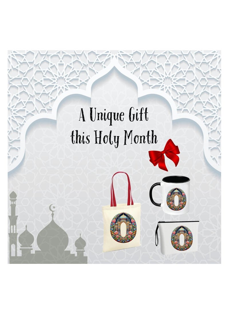 Pack of 3 Initial Monogram Gift Set - Black Coffee Mug, Cosmetic Bag and Cotton Tote bag Set - Gift Set for Her - Perfect for Ramadan, School, Travel and Birthday Gift