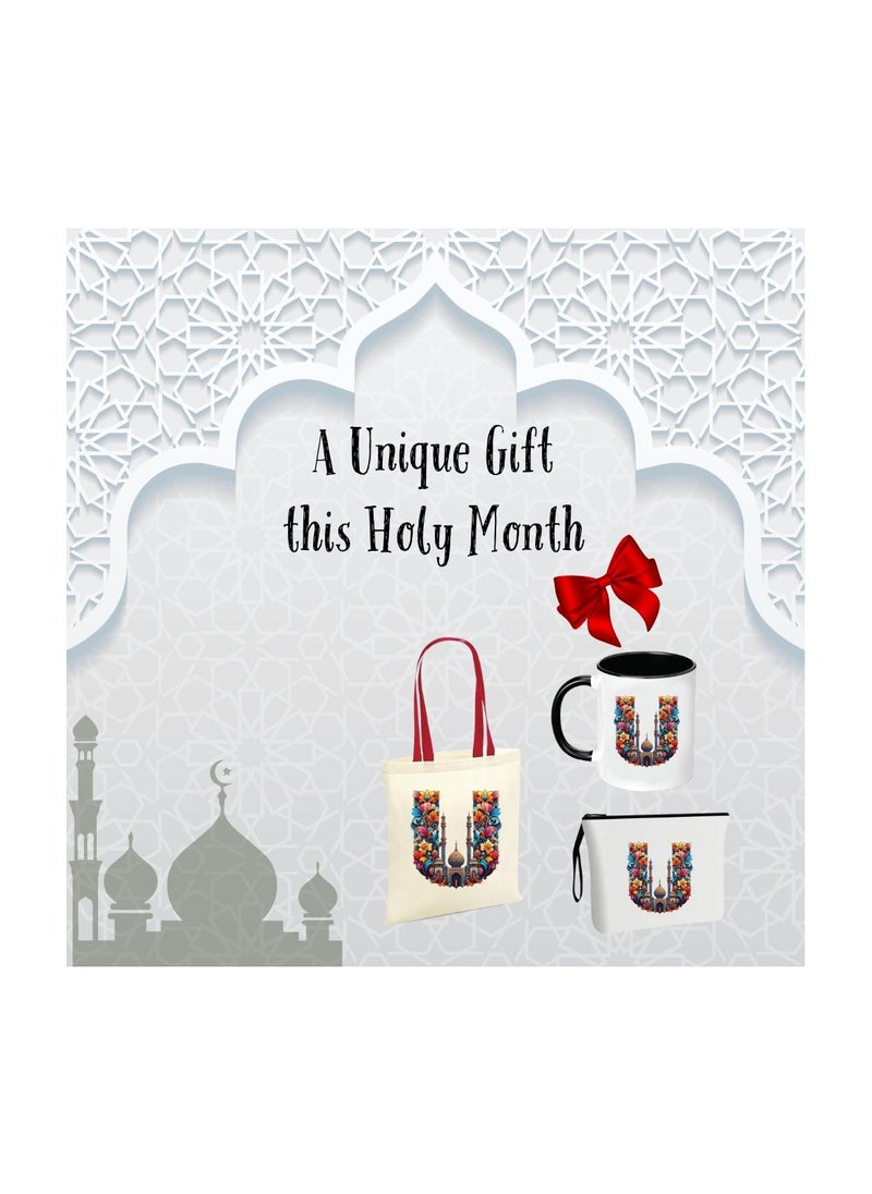 Pack of 3 Initial Monogram Gift Set - Black Coffee Mug, Cosmetic Bag and Cotton Tote bag Set - Gift Set for Her - Perfect for Ramadan, School, Travel and Birthday Gift
