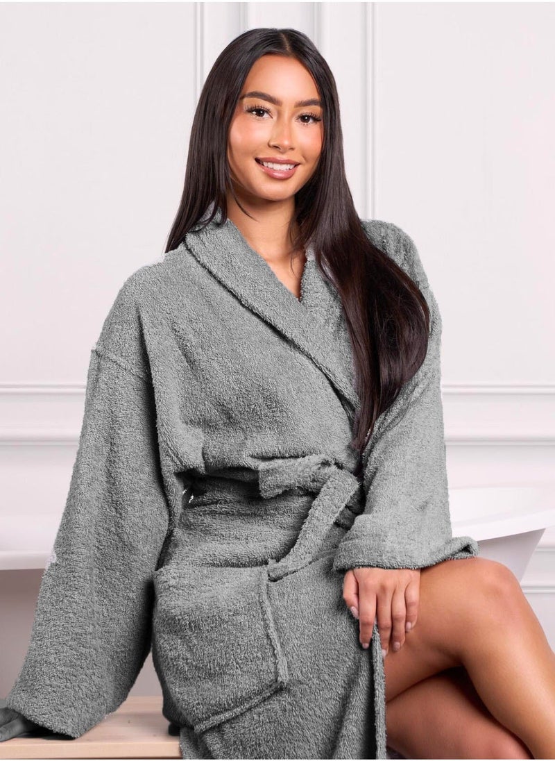 Luxury Shawl Bathrobe Ultra Soft, 100% Cotton Shawl Collar Robe for Men & Women, Hotel & Home Comfort (L/XL), Grey