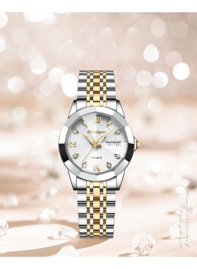 Women's Diamonds Quartz Watch Iced-Out Watch with Round Diamond Dial & Luxury Stainless Steel & Date & Waterproof